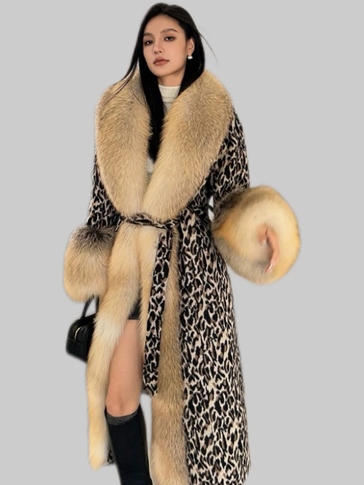 Limited edition 17"Lady Carmen" imported whole fox fur coat long woolen coat-YZ45