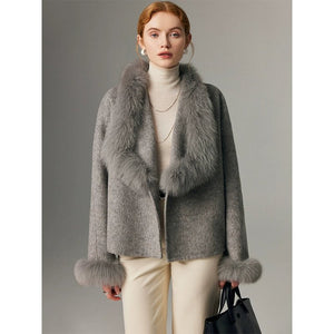 Double - faced cashmere coat for women short style stitching fox fur wool wool coat - 72 - INNZEA