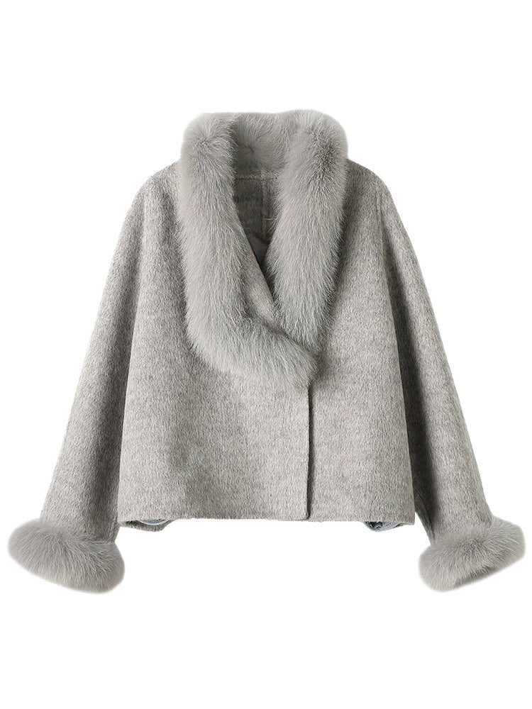 Double - faced cashmere coat for women short style stitching fox fur wool wool coat - 72 - INNZEA