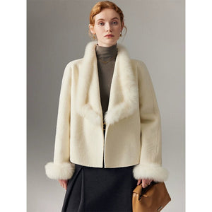 Double - faced cashmere coat for women short style stitching fox fur wool wool coat - 72 - INNZEA