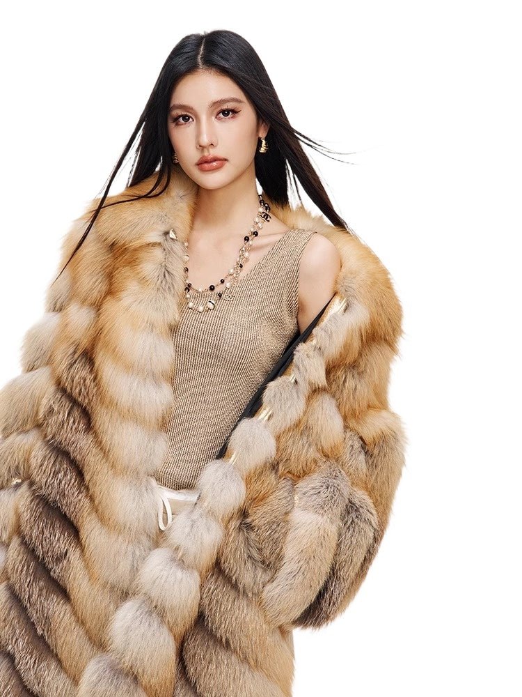 [Luxury Golden Banquet] Jindao Fox Fur Coat Women's Medium - Length Coat - YZ31 - INNZEA