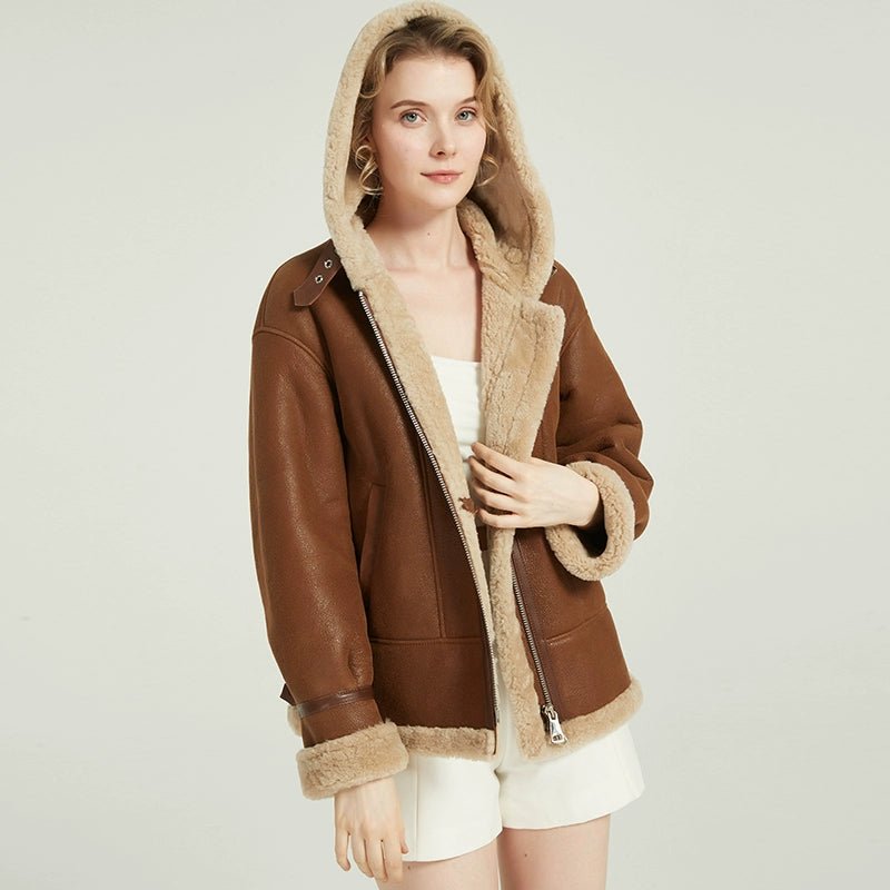 Merino sheepskin fur women's lamb fur coat with hood short style - 67 - INNZEA