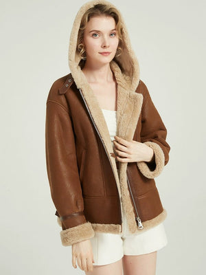 Merino sheepskin fur women's lamb fur coat with hood short style - 67 - INNZEA