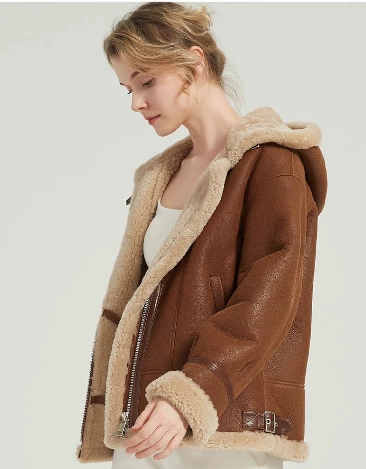 Merino sheepskin fur women's lamb fur coat with hood short style - 67 - INNZEA