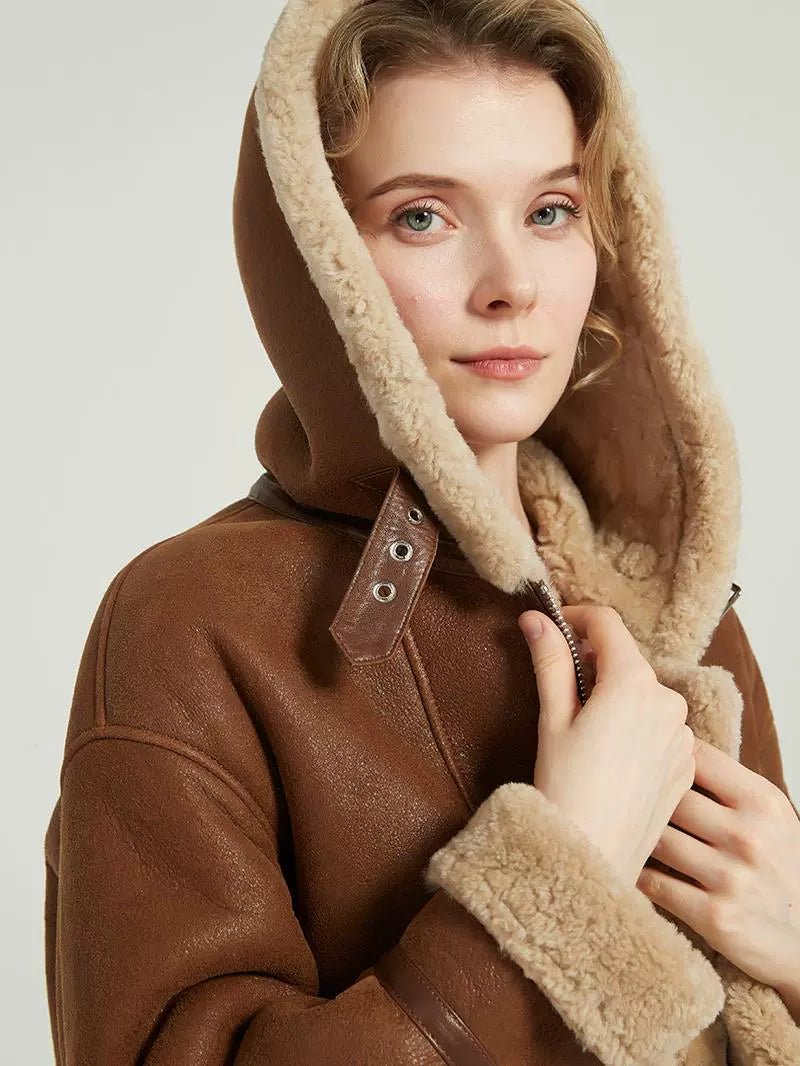 Merino sheepskin fur women's lamb fur coat with hood short style - 67 - INNZEA