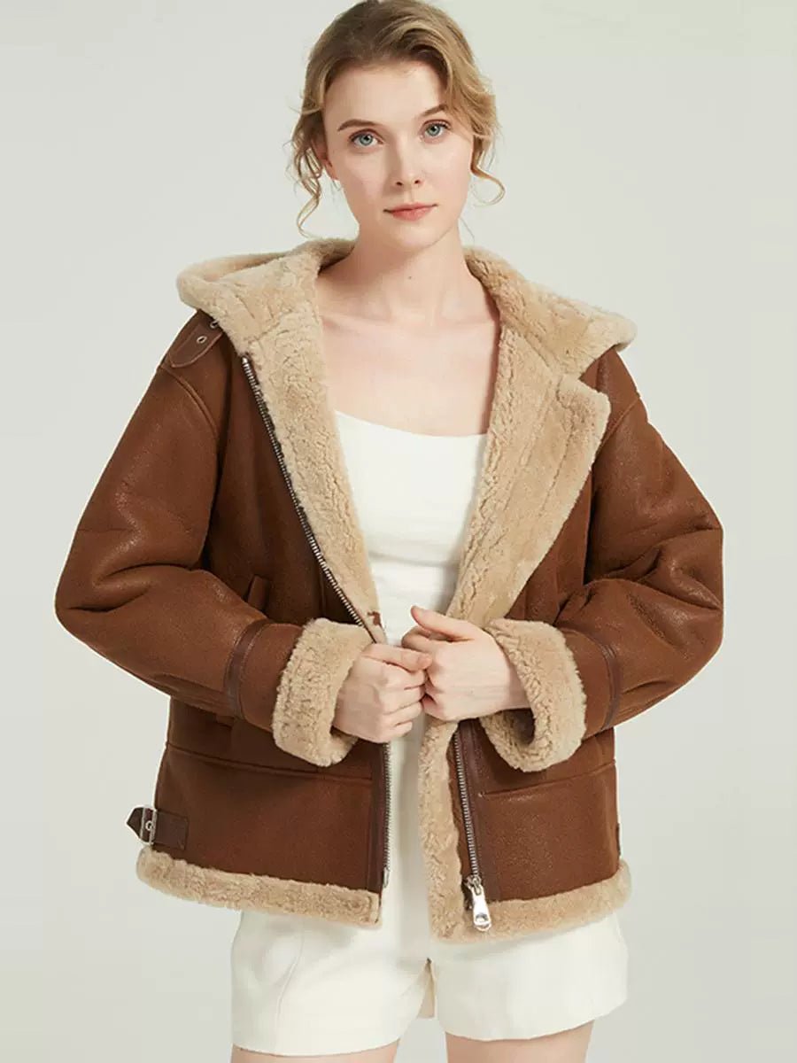 Merino sheepskin fur women's lamb fur coat with hood short style - 67 - INNZEA